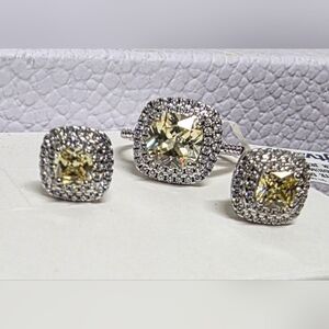 BELLA LUCE Canary and White Diamond Simulants Silver Ring & Earrings Set NWT
